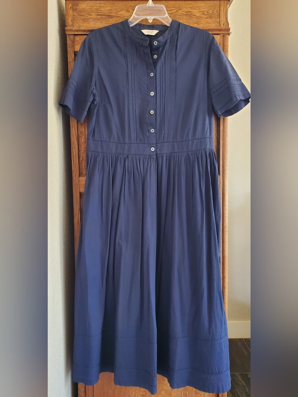 NWOT TOAST Navy Blue Pleated Cotton Midi Dress With Pockets Size UK 12 / US 8